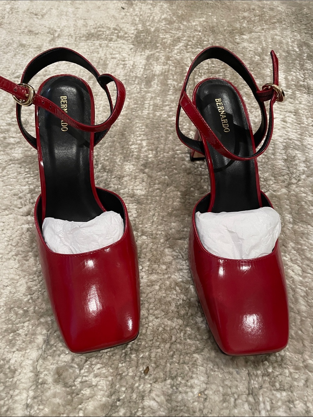 Bernardo Red Patent Square-Toe Ankle-Strap Heels